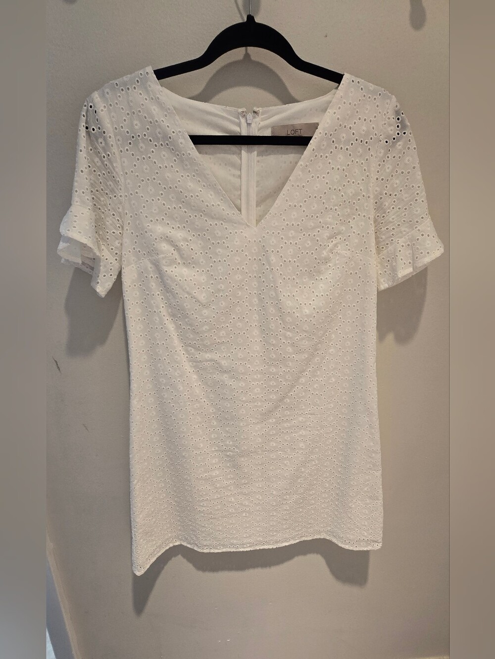LOFT White Eyelet V-Neck Short Sleeve Dress